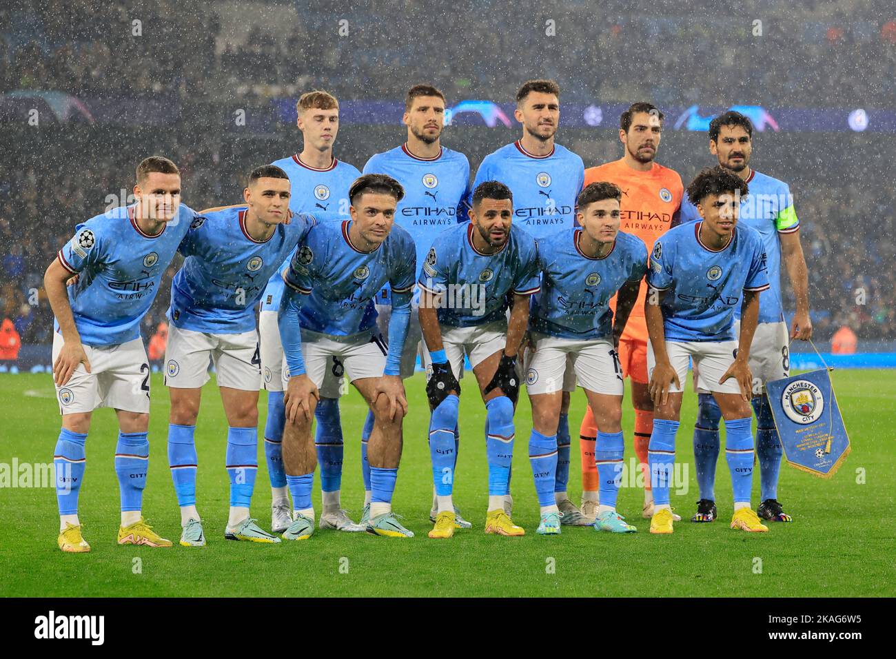Manchester, Großbritannien. 02.. November 2022. Manchester City Team vor dem UEFA Champions League Spiel Manchester City gegen Sevilla im Etihad Stadium, Manchester, Vereinigtes Königreich, 2.. November 2022 (Foto von Conor Molloy/News Images) in Manchester, Vereinigtes Königreich am 11/2/2022. (Foto von Conor Molloy/News Images/Sipa USA) Quelle: SIPA USA/Alamy Live News Stockfoto