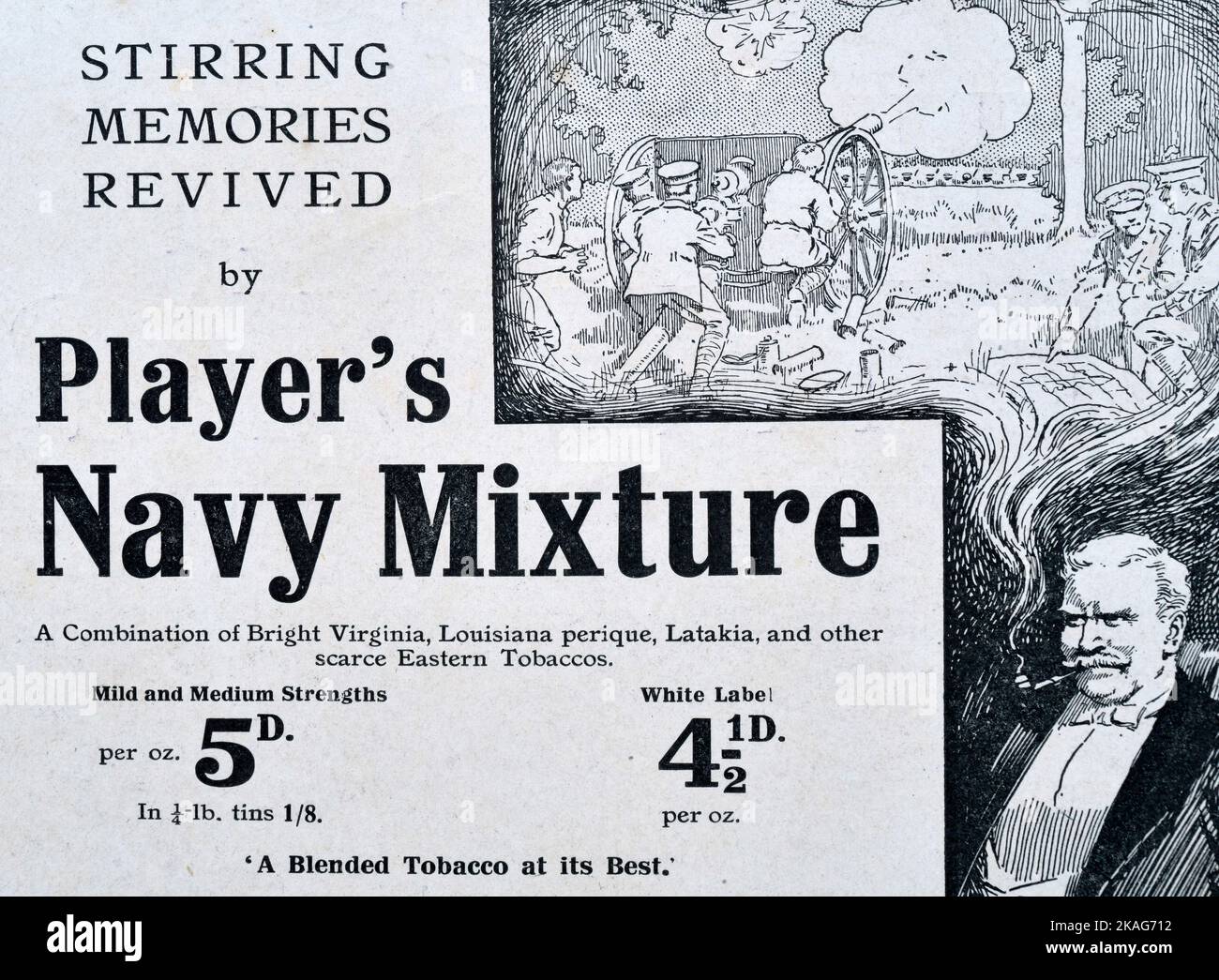 Gedrucktes Vintage-Magazin aus dem Weltkrieg 1 oder Zeitungsannonce für Pfeifentabak Stockfoto