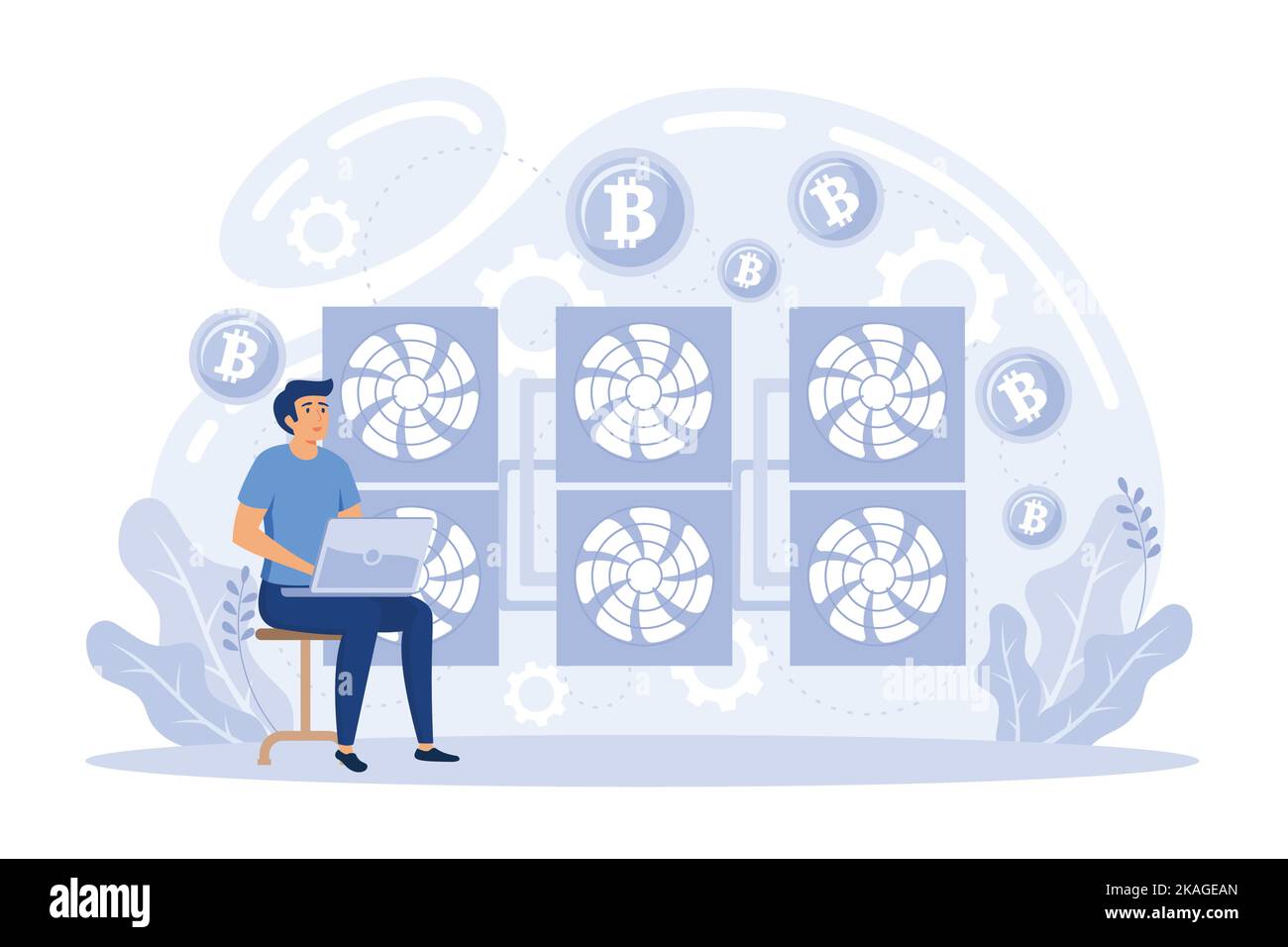 Bitcoin Mining Business Equipment Trendy Flat Vector Konzept. Kryptowährung Mining Farm männlicher Eigentümer, der Hardware-Service oder Wartung macht, flaches vecto Stock Vektor