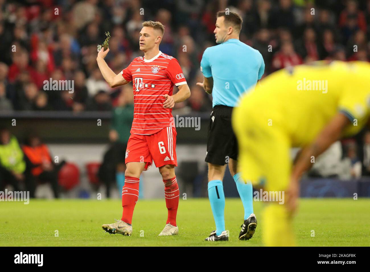 München, Deutschland. 01. Nov, 2022. firo : 1.. November 2022, Fußball, Fußball, Champions League, Saison 2022/2023, 6. Gruppenspiel FC Bayern München - Inter Mailand 2:0, Joshua Kimmich, FC Bayern München, Bayern, München, FCB, ganze Figur, Witz, Humor, wirft Gras, Kredit: dpa/Alamy Live Nachrichten Stockfoto