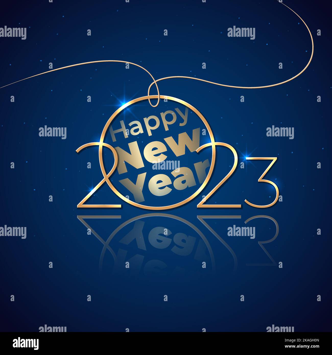 Neujahr 2023, 23. Weihnachtskarte. Glänzend golden 2023 auf blauem Hintergrund. Neujahrsdesign für Einladung, Kalender, Grußkarte. Glänzendes Gold Stock Vektor
