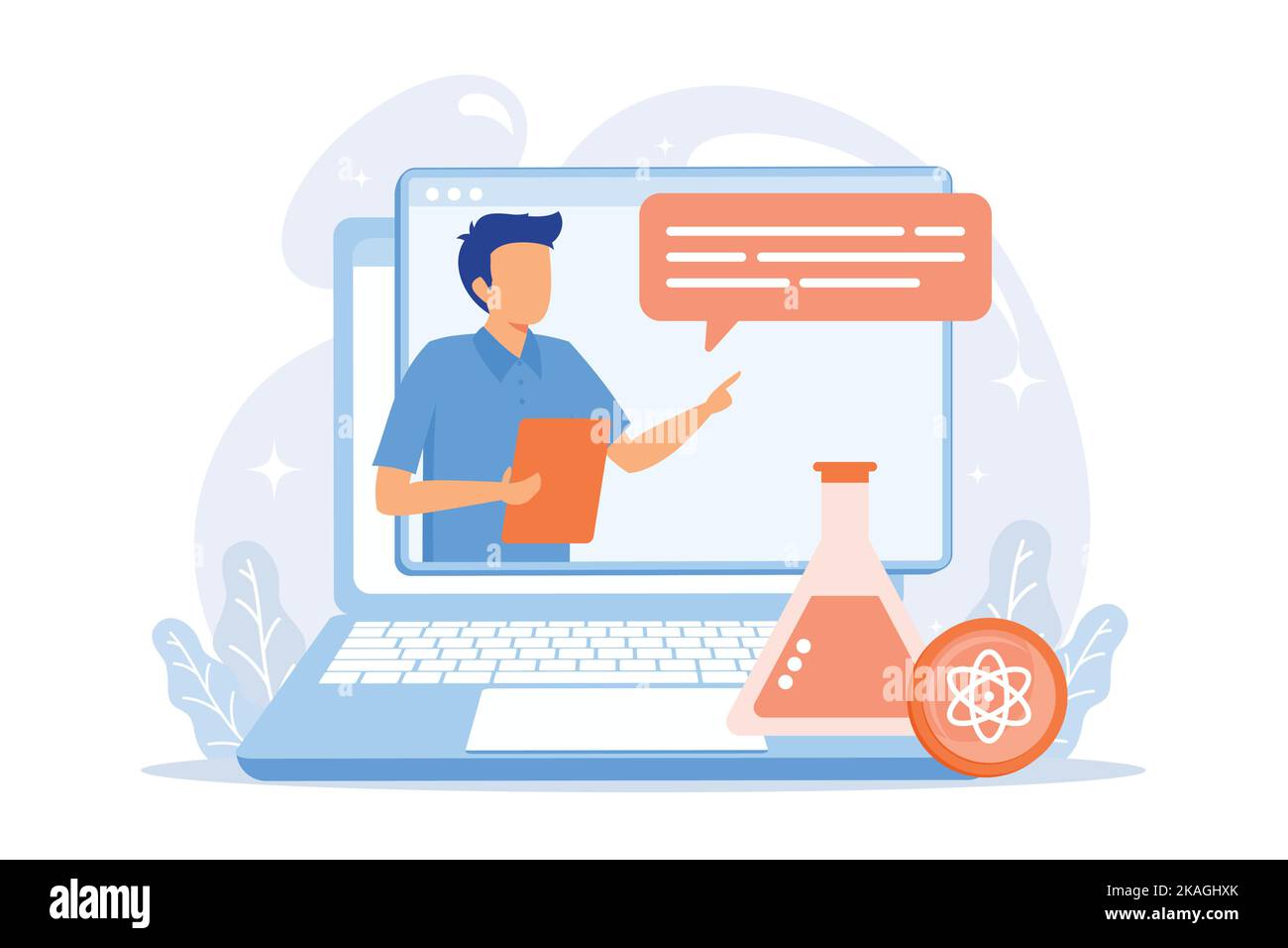Chemie Online-Unterricht. Biochemiker Präsentation, Wissenschaft Klasse, e Learning. Labor Arbeiter Cartoon-Figur erklärt pharmazeutische Forschungen Stock Vektor