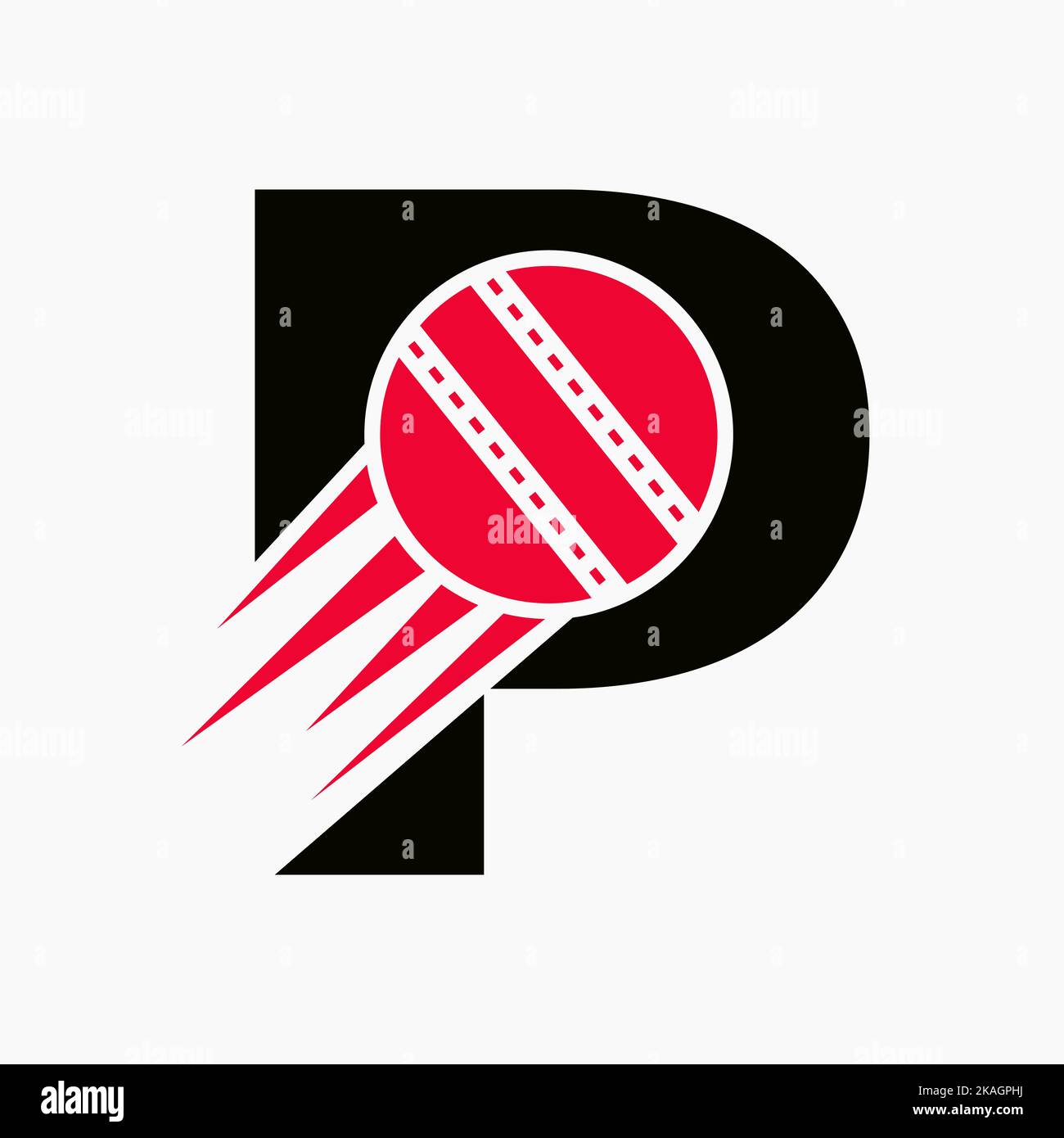 Buchstabe P Cricket Logo Konzept mit beweglicher Cricket Ball Symbol. Cricket Sport Logo Symbol Vektor-Vorlage Stock Vektor