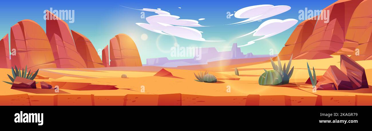 Wüste von Afrika oder Wild West Arizona Naturlandschaft. Cartoon Panorama-Hintergrund, Spielort mit Landquerschnitt, gelber Sand, Kakteen, Felsen unter blauem Himmel mit Wolken, Vektorgrafik Stock Vektor