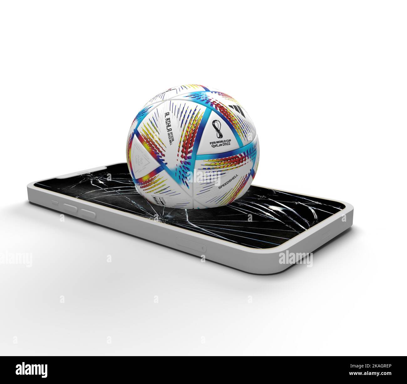 Mobil mit fifa World Cup katar 2022. Mobile defekter Bildschirm isoliert Hintergrund. 3D Rendering-Illustration. Stockfoto