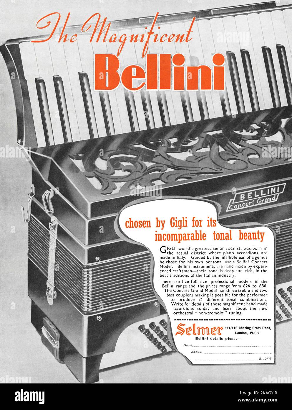 1937 Britische Werbung für Bellini Akkordeons. Stockfoto