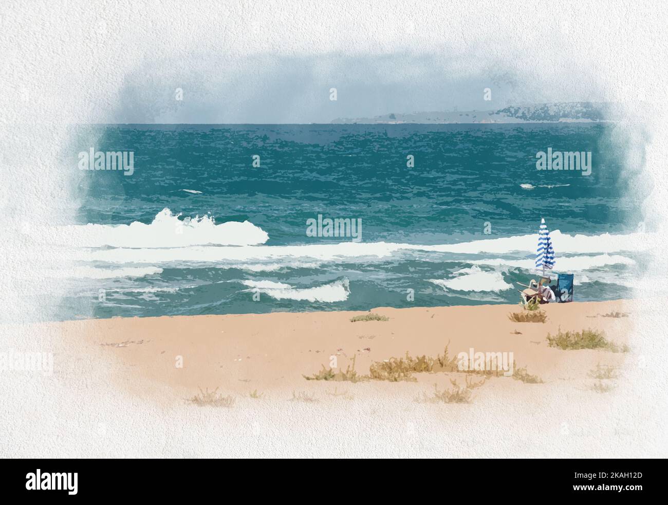 Aquarell Malerei Idee Konzept auf Leinwand. Raues Meer, Strand, Sonnenschirm und Stuhl. Friedlicher Blick auf die Umgebung. Fauler Tag. Sommerliche Stimmung. Keine Menschen, niemand. Stockfoto