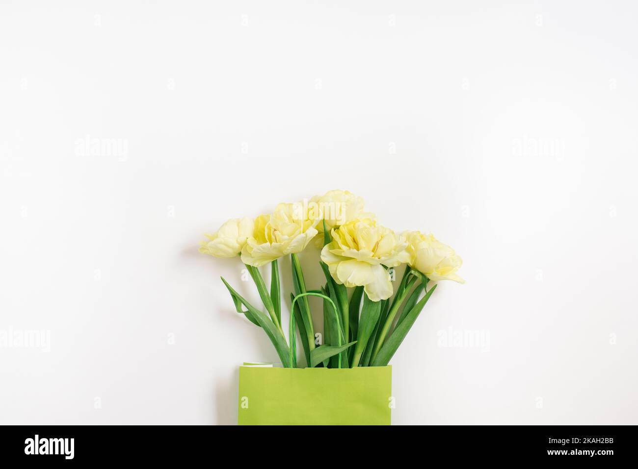 Schöne gelbe Tulpenblüten in einer grünen Papiertüte mit Platz für Text. Das Konzept der Verkäufe, Frühlingsrabatte, Einkaufen und umweltfreundlich Stockfoto