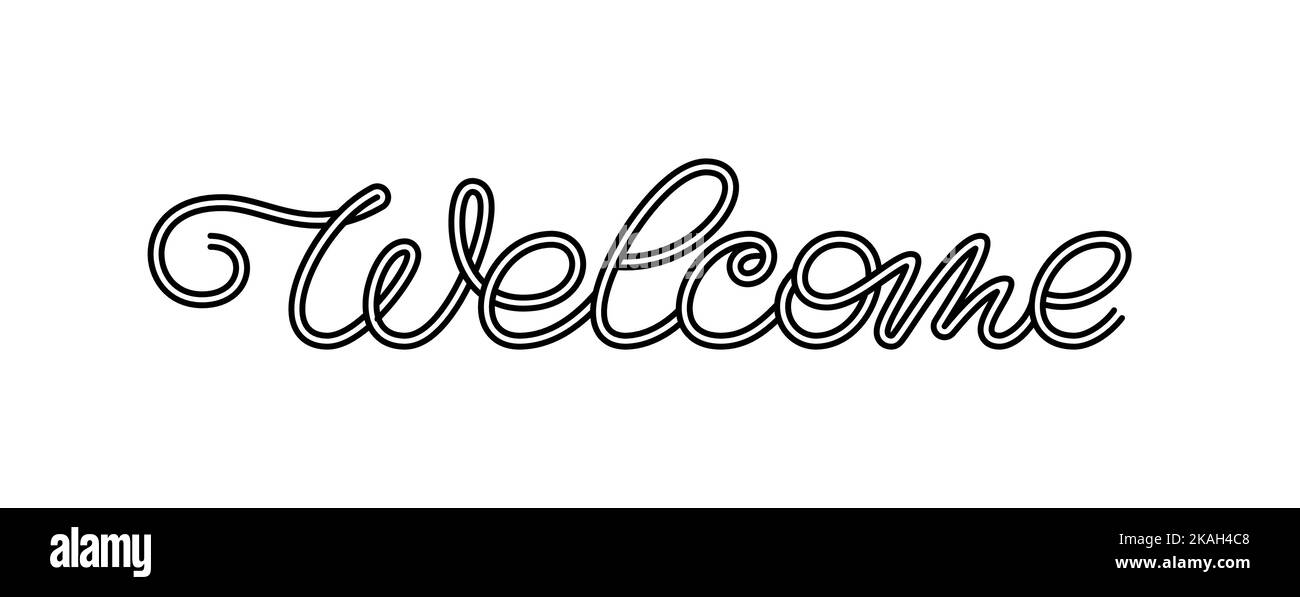 Willkommen Werbung Schild editierbar Schlaganfall Titel. Schriftzug gewellt lineare Phrase für Einladung Party Postkarte Poster, drucken Aufkleber Scrapbook Stempel, Web-Seite Header, Karte Laser Gravur Folie diy Stock Vektor
