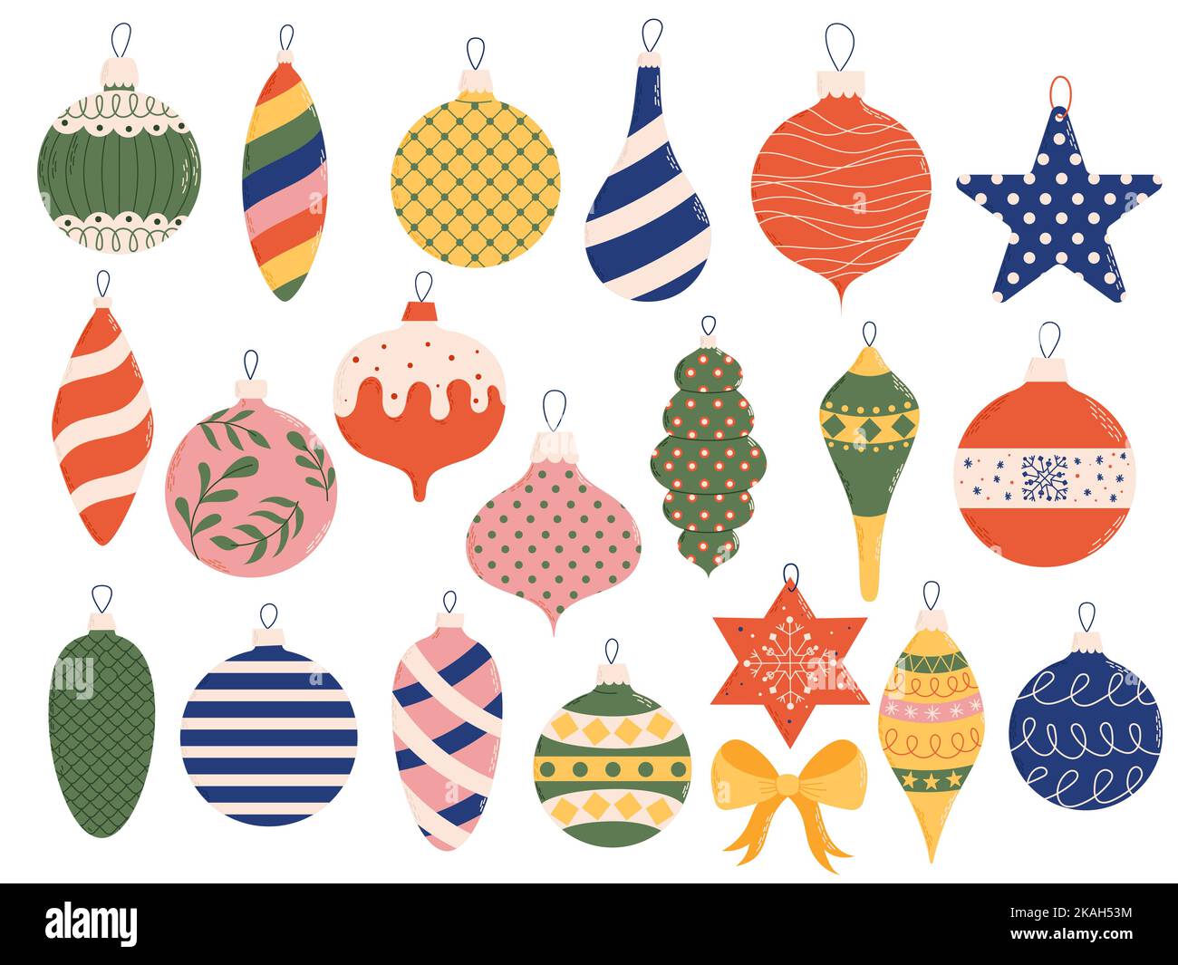 Sammlung von Weihnachts-Spielzeug und Kugeln im Vintage-Stil. Weihnachtsschmuck. Stock Vektor