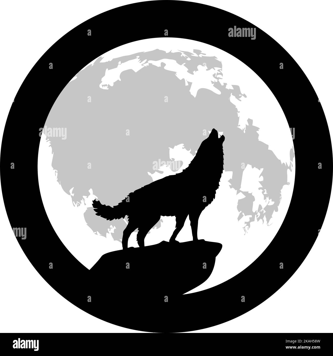 Ein Wolf, der auf einem Felsen steht und beim Vollmond heult Stock Vektor