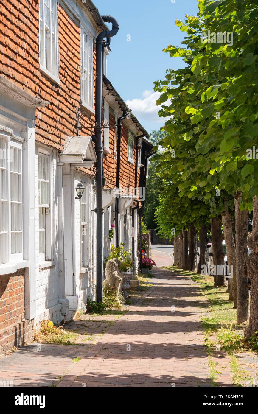 High Street Cottages und Limettenbäume - Burwash, East Sussex, England, Großbritannien Stockfoto