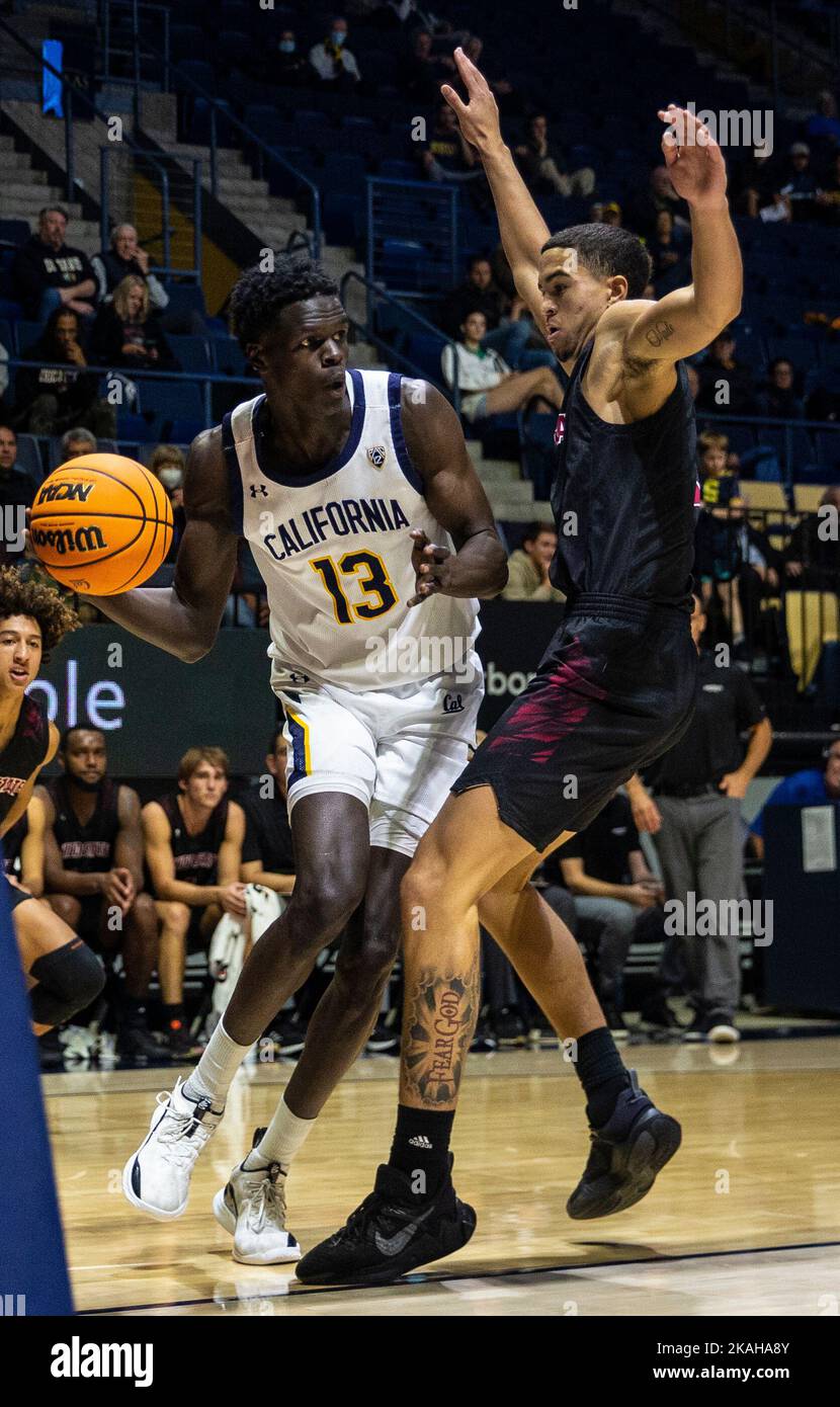 November 02 2022 Berkeley, CA U.S.A. der kalifornische Stürmer Kuany Kuany (13) schaut sich während des NCAA Männer Basketballspiels zwischen Chico State Wildcats und den California Golden Bears den Ball an. Kalifornien schlug Chico State 62-55 im Hass Pavilion Berkeley Calif. Thurman James / CSM Stockfoto