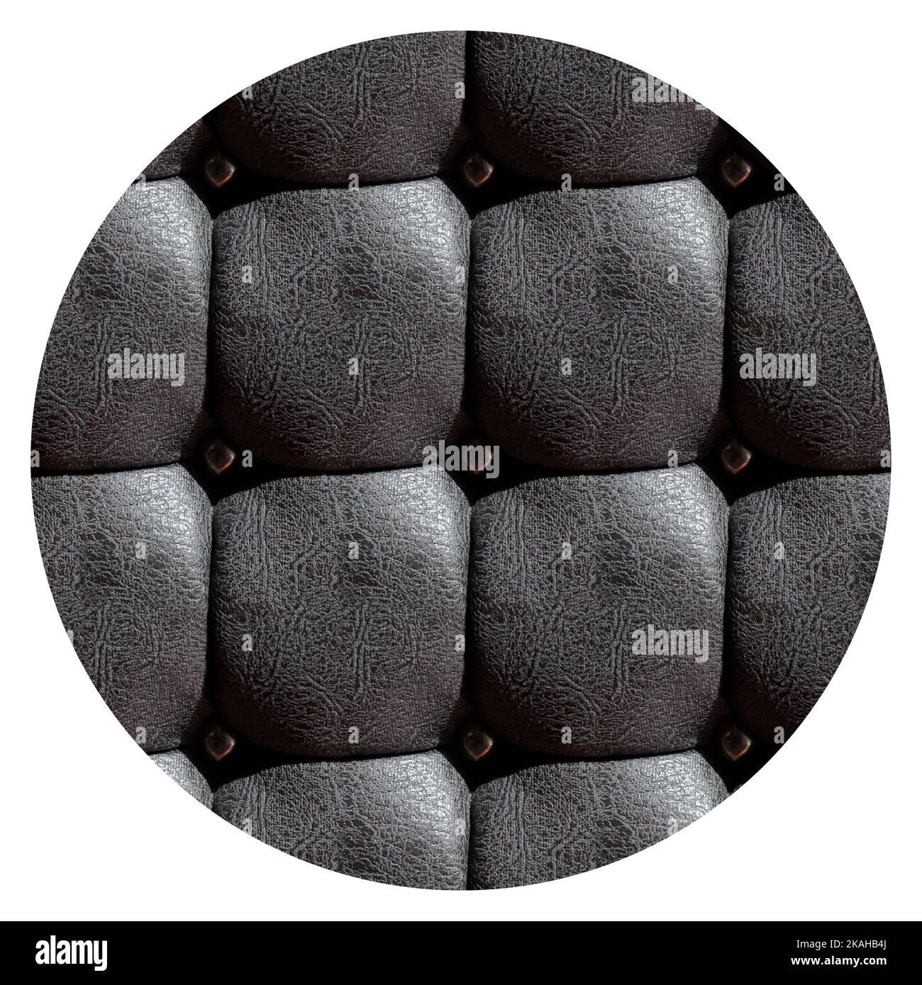 Es wird als lederähnliches dunkles geknöpftes Gewebe, runde Steppung, Sessel oder Wanddekoration, nahtlose, sich wiederholende Stofftextur verwendet Stockfoto