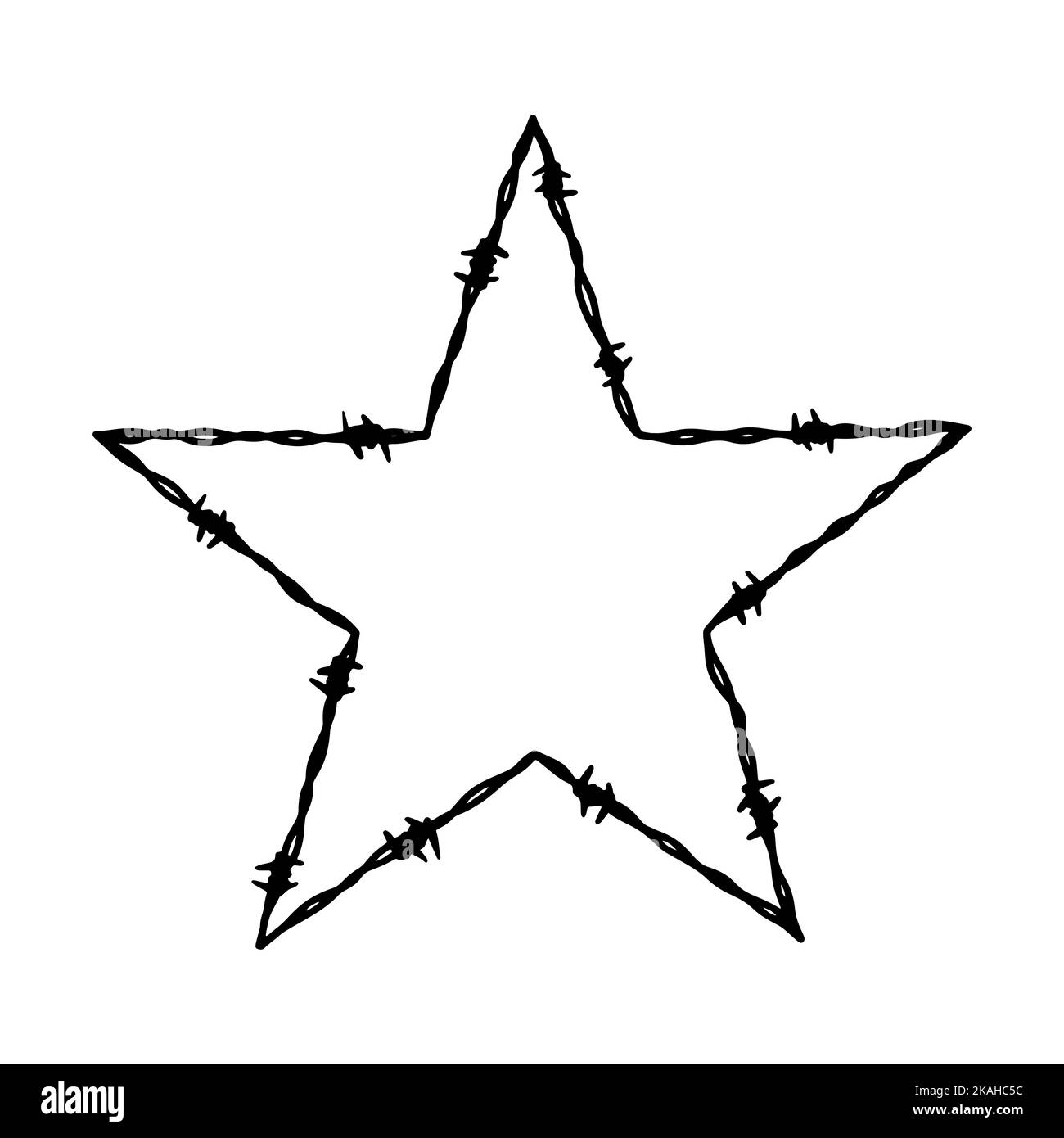 Barbwire fünfzackiger sternförmiger Rahmen. Handgezeichnete Vektorgrafik im Skizzenstil. Design-Element für Militär, Sicherheit, Gefängnis, Sklaverei-Konzept Stock Vektor