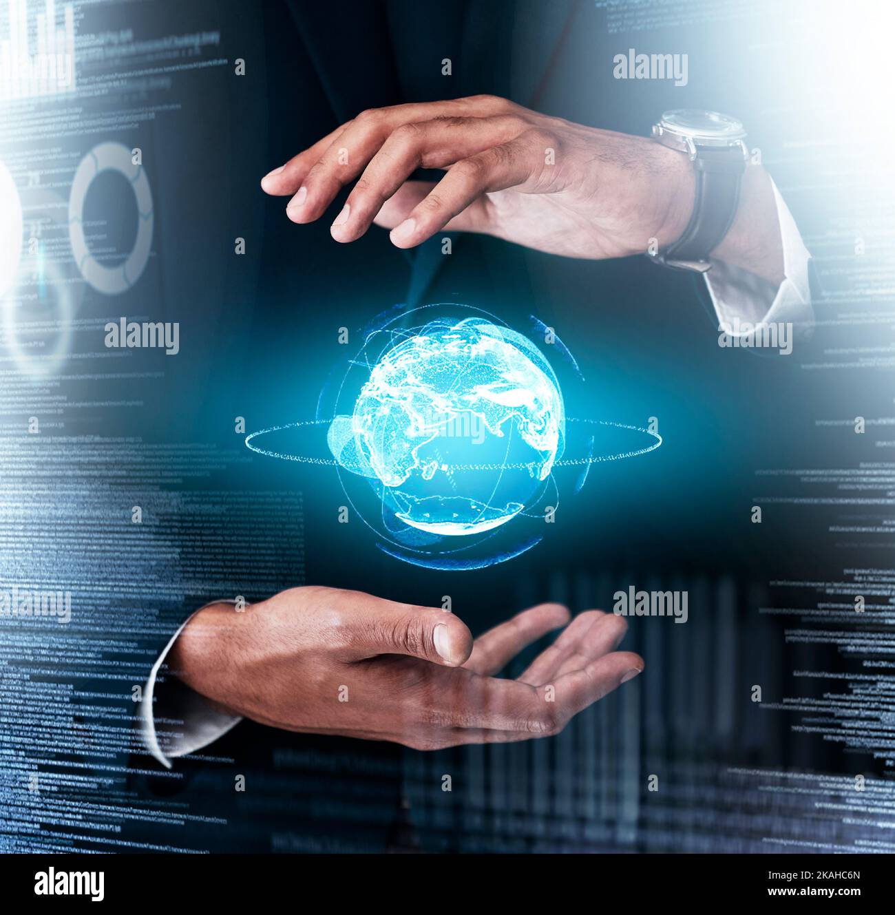 Tech Digital, Weltkugel und Geschäftsleute Hände, Hologramm Daten Blockchain oder digitales Marketing. Wachstum Informationstechnologie, Innovationsmedien Stockfoto