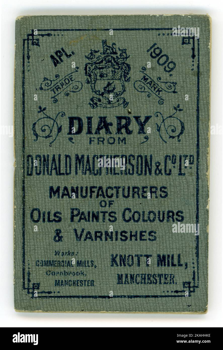 Original-Titelseite des Tagebuchs von Donald Macpherson & Co Ltd Hersteller von Ölen Farben und Lacken, Knott Mill, Manchester, Großbritannien Vom 1909. Stockfoto