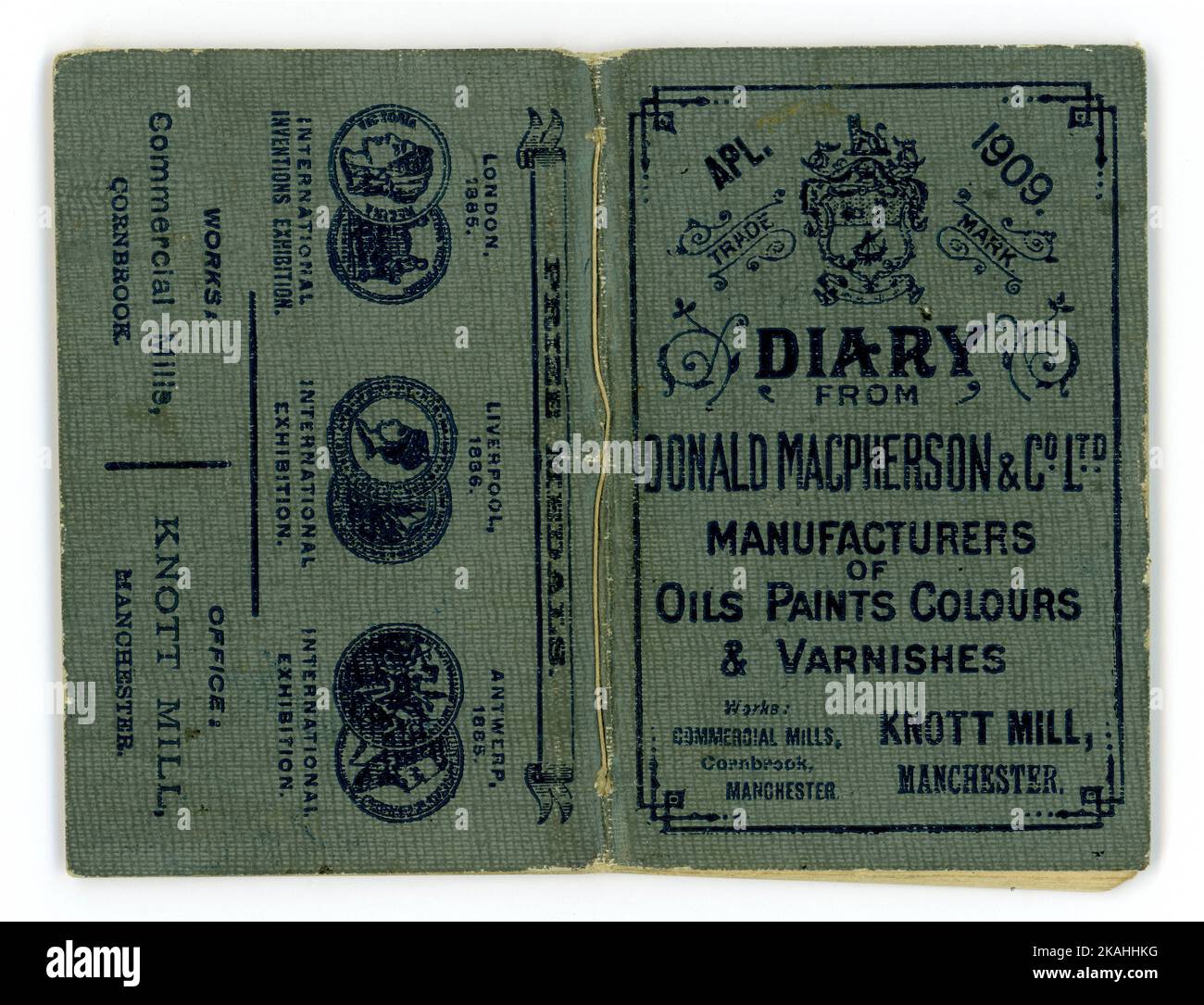 Original Vorder- und Rückseite des Tagebuchs von Donald Macpherson & Co Ltd Hersteller von Ölen Farben und Lacken, Knott Mill, Manchester, Großbritannien Vom 1909. Stockfoto