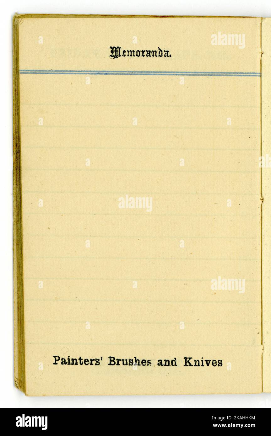 Originalbeispiel, Notizen, von Tagebuch von Donald Macpherson & Co Ltd Hersteller von Ölen Farben und Lacken, Knott Mill, Manchester, Großbritannien Vom 1909. Stockfoto