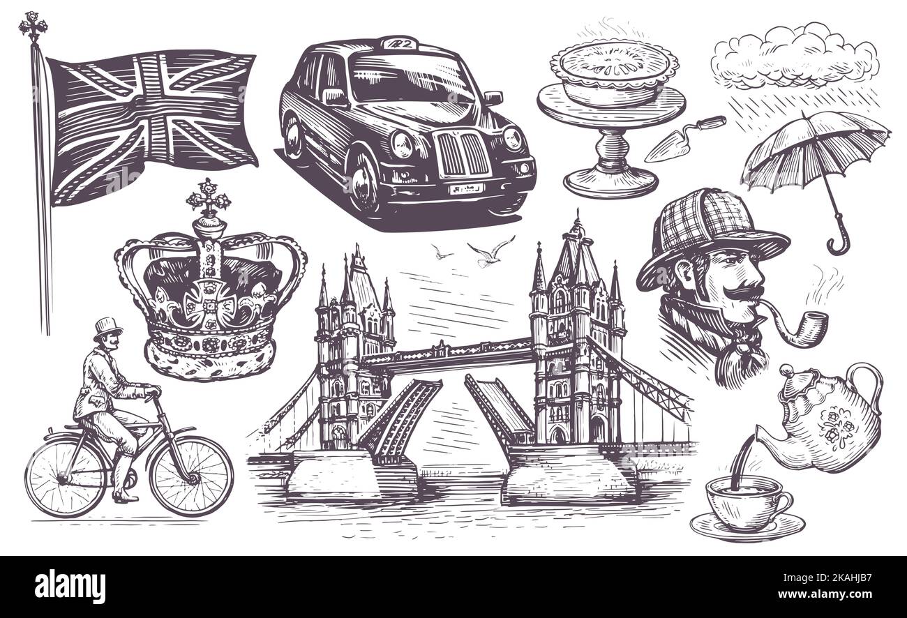 England, London Konzept-Set. Handgezeichnete Sammlung von Illustrationen im Vintage-Stil mit Skizzen Stockfoto