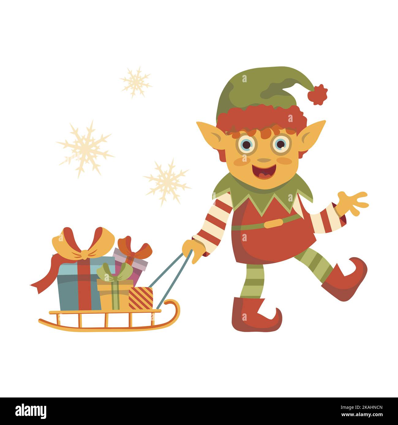 weihnachtself mit Schlitten und Geschenke Vektor Neujahr weihnachten Stock Vektor