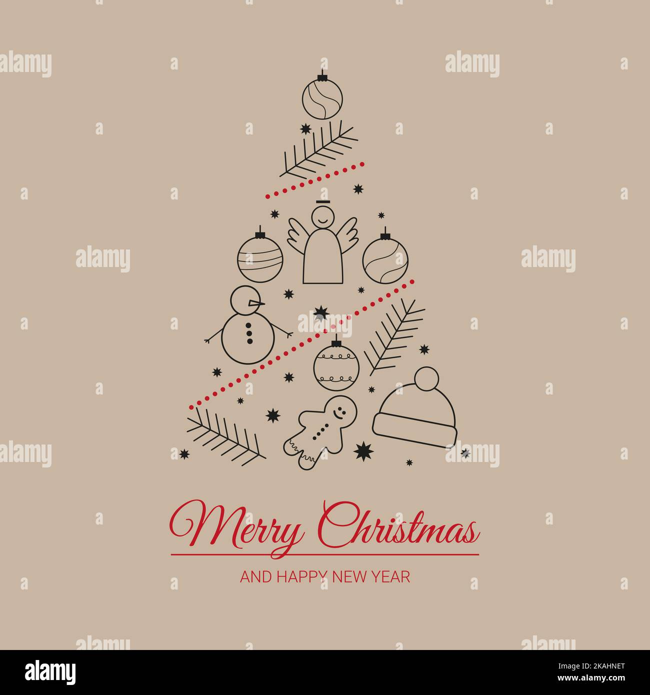 Text Frohe weihnachten und glückliches neues Jahr weihnachten Symbole in Form von weihnachtsbaum Stock Vektor