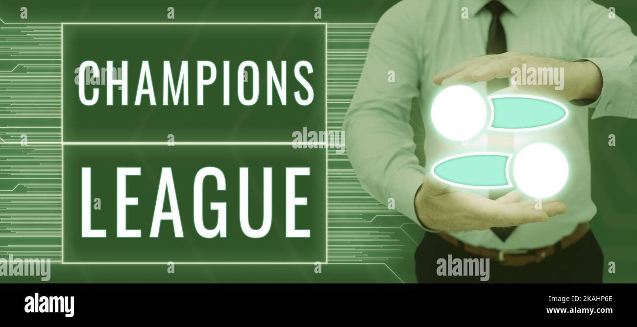 Inspiration zeigt Zeichen Champions League. Business Idea Bankkonto, das Ihnen einfachen Zugriff auf Ihre Geld-Mann mit Graphic S in Händen präsentieren ermöglicht Stockfoto