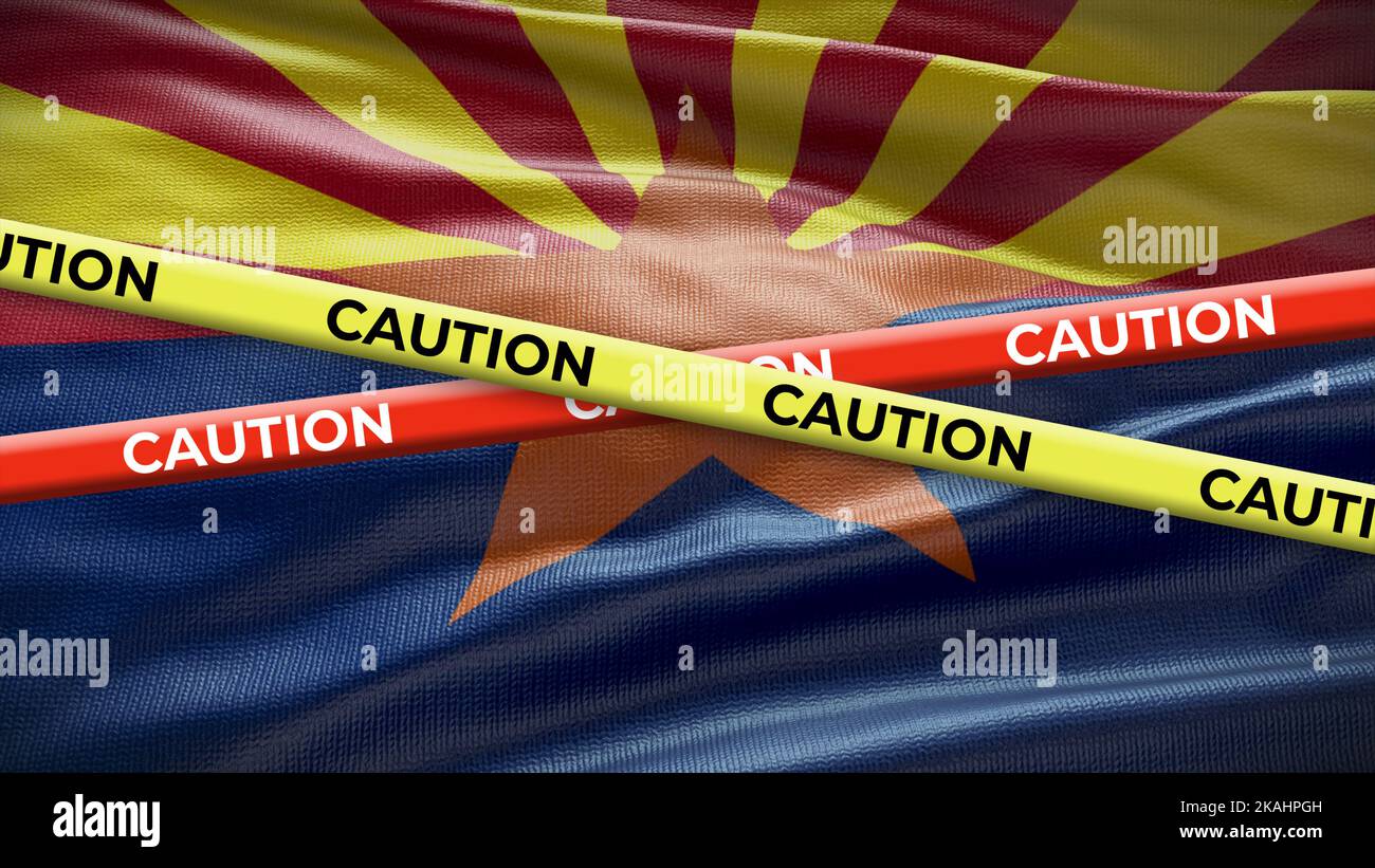 Arizona State Symbol Flagge mit Vorsicht Band. 3D Abbildung. Stockfoto