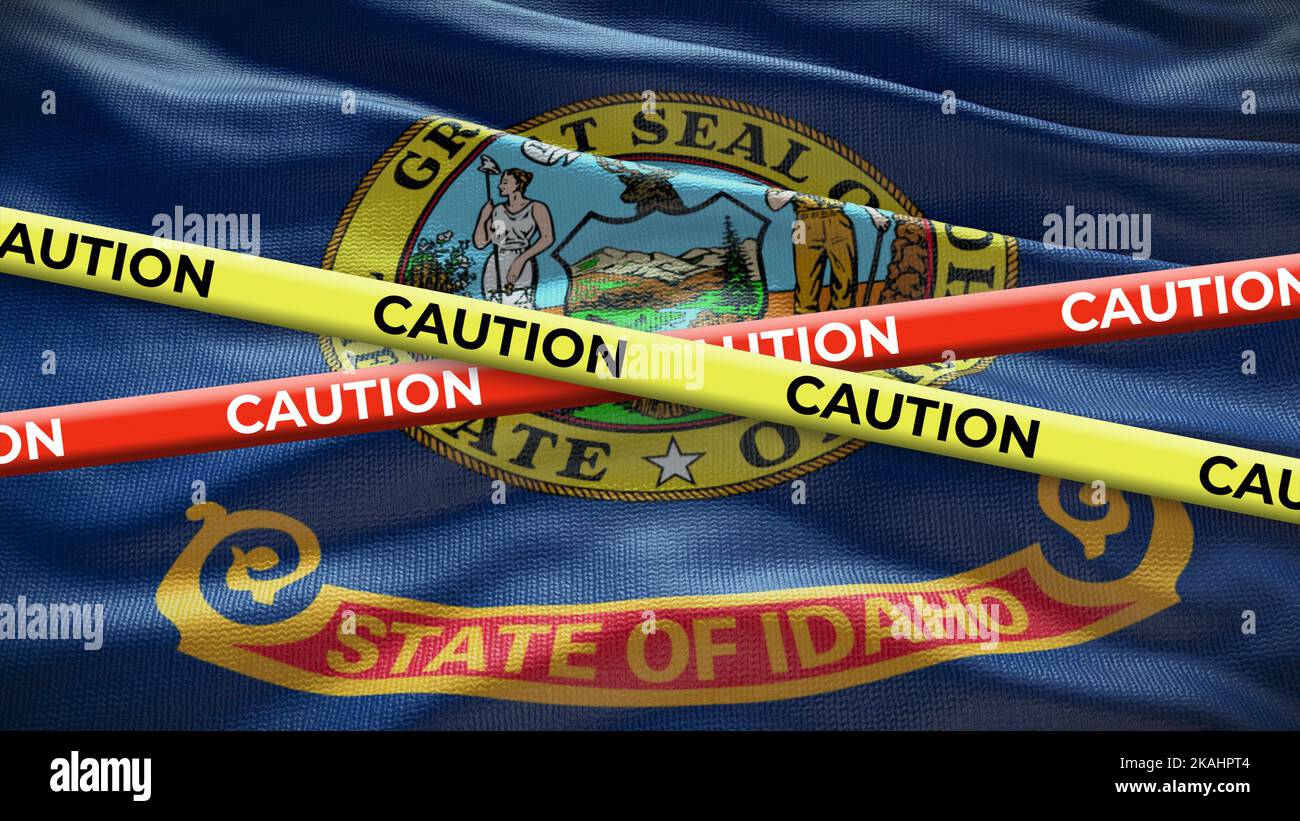 Flagge des Staatssymbols von Idaho mit Warnband. 3D Abbildung. Stockfoto