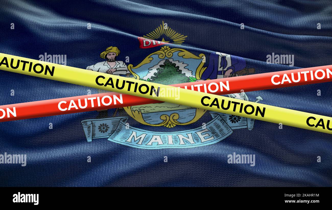 Flagge des Staatssymbols von Maine mit Warnband. 3D Abbildung. Stockfoto