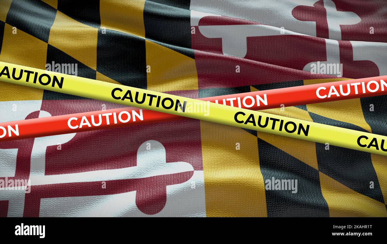 Maryland State Symbol Flagge mit Vorsicht Band. 3D Abbildung. Stockfoto