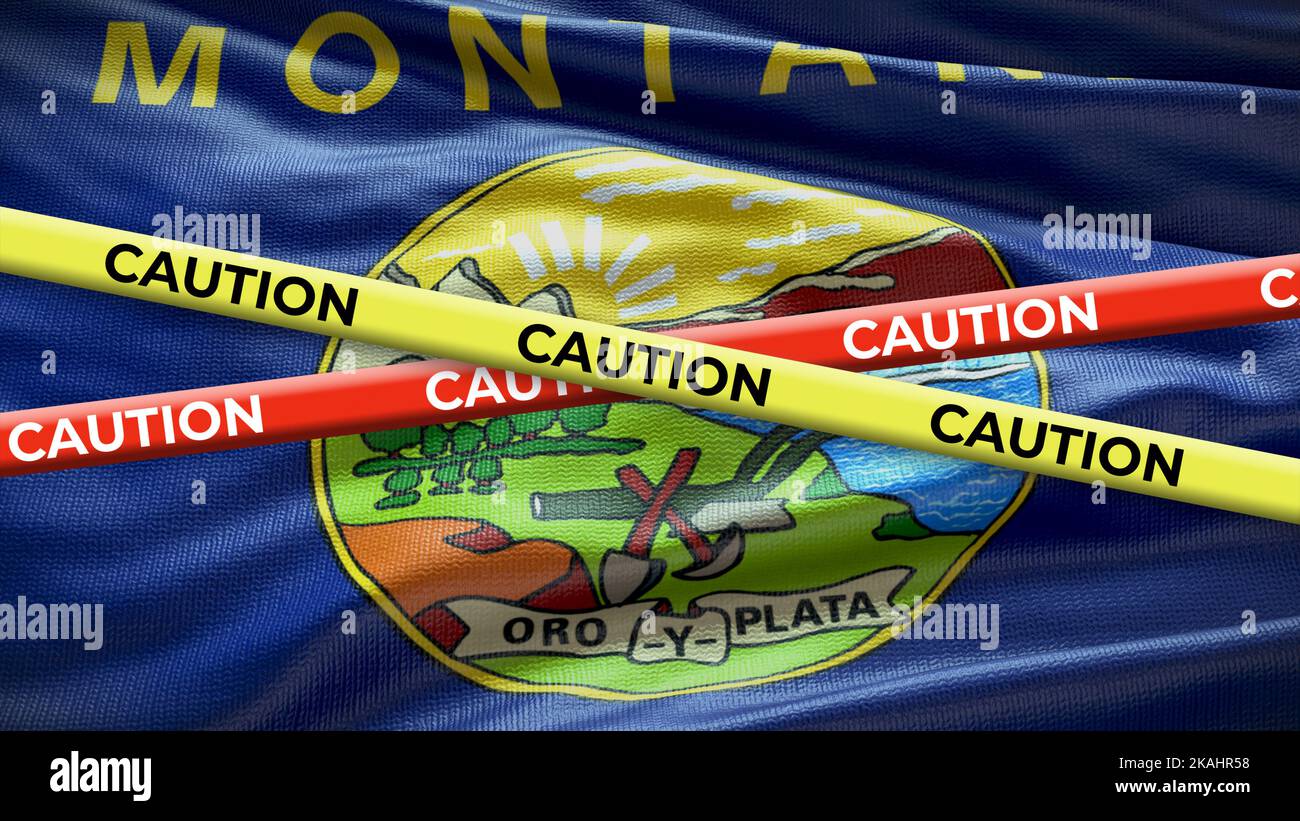 Montana State Symbol Flagge mit Vorsicht Band. 3D Abbildung. Stockfoto