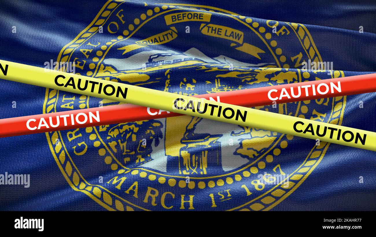 Flagge des Staatssymbols von Nebraska mit Warnband. 3D Abbildung. Stockfoto