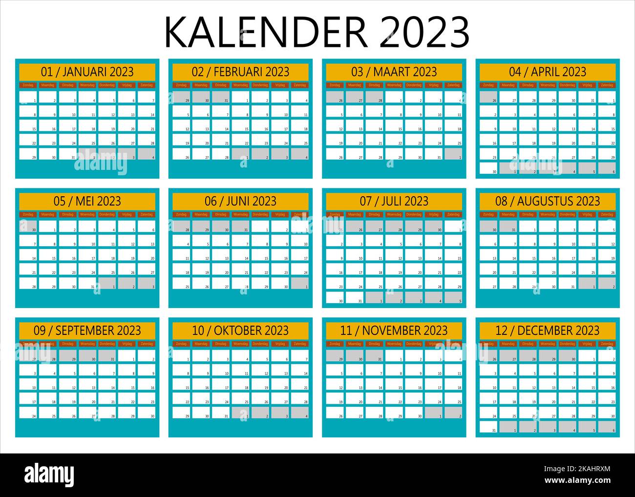 Vector Kalender 2023 in Niederländisch mit Wochenplan ab Sonntag. Mit Farben blau, gelb, braun Stock Vektor