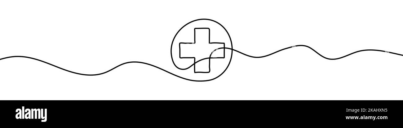 Kontinuierliche lineare Zeichnung des Krankenhauszeichens. Medizinisches Kreuzsymbol. Abstrakter Hintergrund mit einer Linie gezeichnet. Vektorgrafik. Stock Vektor