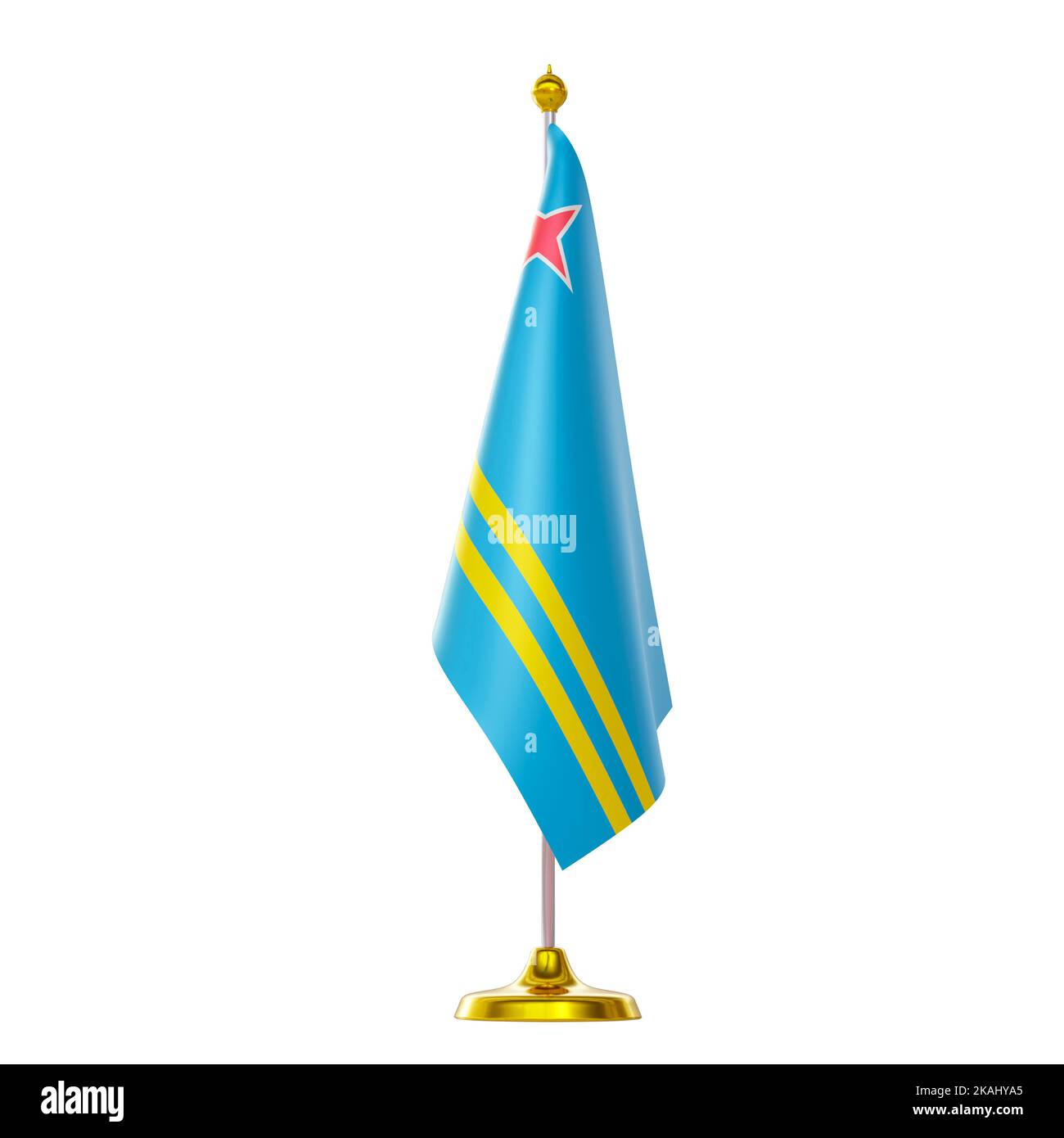 3D Fahnenrendering am Pol für den Gipfel und das politische Treffen der Aruba-Länder. Stockfoto