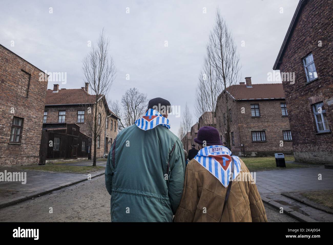 Zwei ehemalige Häftlinge machen während der Feierlichkeiten zum 71.. Jahrestag der Befreiung von Auschwitz im Dorf Oswiecim, Polen, am 27. Januar 2016 einen Spaziergang auf den Tragbahlen des Konzentrationslagers Auschwitz. In ihren Schals, die Häftlingsnummer, als sie Gefangene im Lager waren. (Foto von Celestino Arce/NurPhoto) Stockfoto
