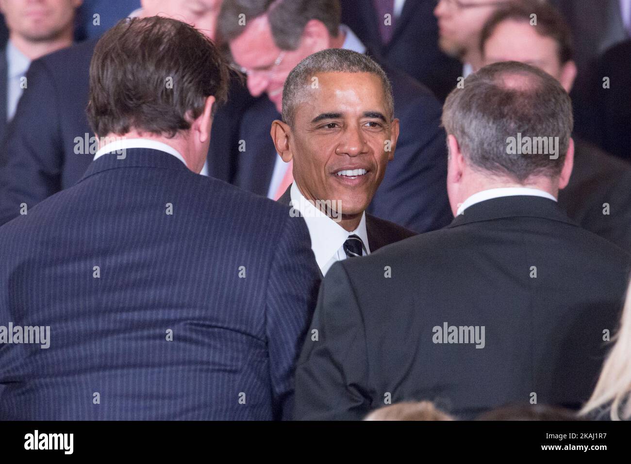 Washington, D.C.: Am Donnerstag, den 18. Februar, begrüßte Präsident Obama im East Room des Weißen Hauses den Stanley-Cup-Champion Chicago Blackhawks zum dritten Mal in seiner Präsidentschaft (die anderen beiden Male waren 2011 und 2013). (Foto von Cheriss May/NurPhoto) *** Bitte nutzen Sie die Gutschrift aus dem Kreditfeld *** Stockfoto