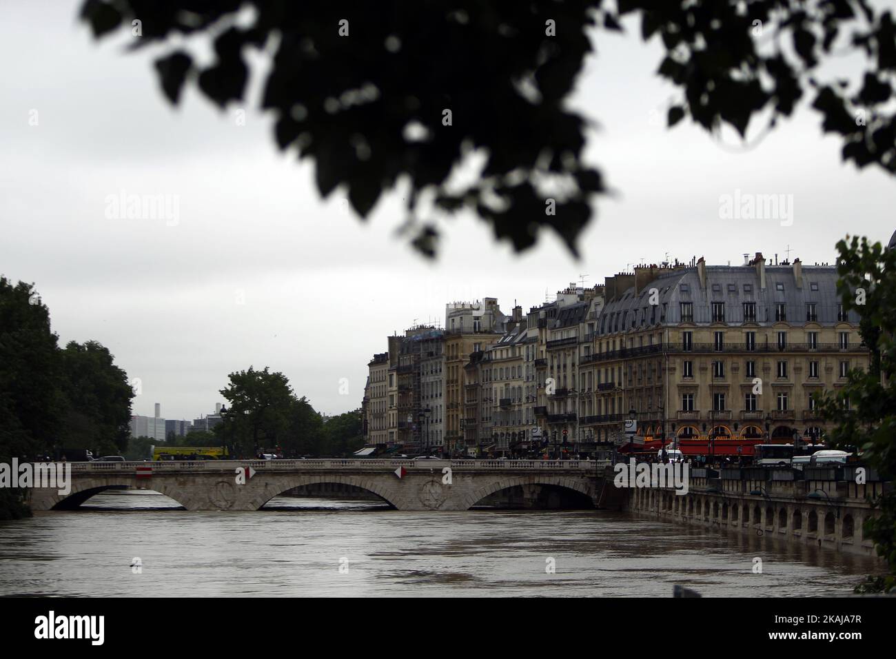 Die Menschen machen Fotos und beobachten, wie das Wasser in der Nähe des Eiffelturms aufsteigt, während die Böschungen des Flusses seine nach vier Tagen starken Regens am 3. Juni 2016 in Paris, Frankreich, überströmen. Nordfrankreich erlebt derzeit Regenwetter und verursacht Überschwemmungen in Teilen Frankreichs, insbesondere in Paris, wo die French Open Verzögerungen bei den Spielen hatten. (Foto von Mehdi Taamallah/NurPhoto) *** Bitte benutzen Sie die Gutschrift aus dem Kreditfeld *** Stockfoto