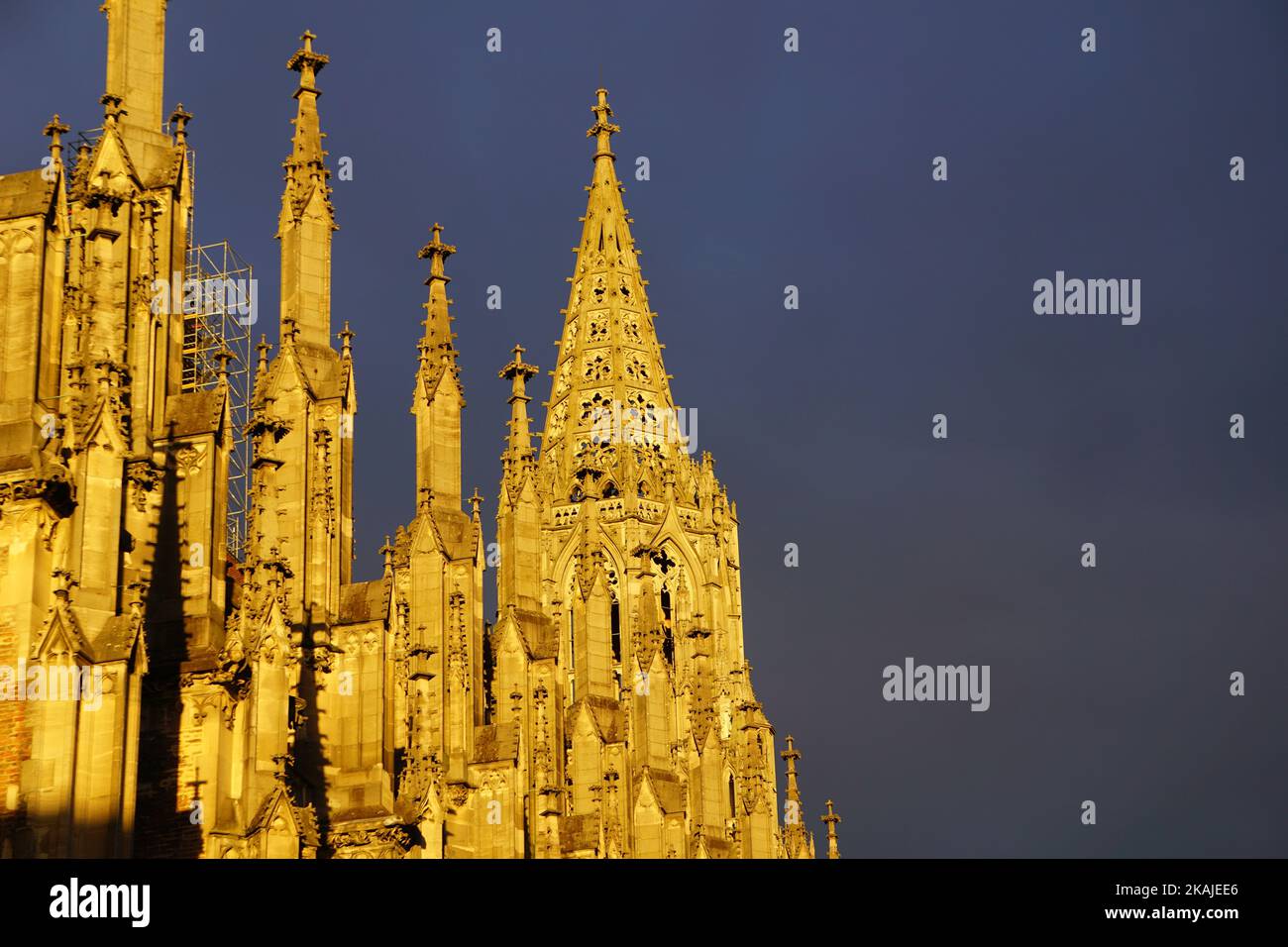 Eine wunderschöne Aussicht auf das Ulmer Münster in Ulm, Deutschland mit goldenem Sonnenlicht unter einem dunklen bewölkten Himmel Stockfoto