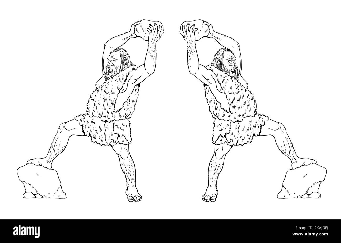 Prähistorischer Mensch - Neandertaler. Vorfahren der Menschen. Ausgestorbener Mensch aus der Eiszeit. Digitale Zeichnung für die Färbung. Stockfoto