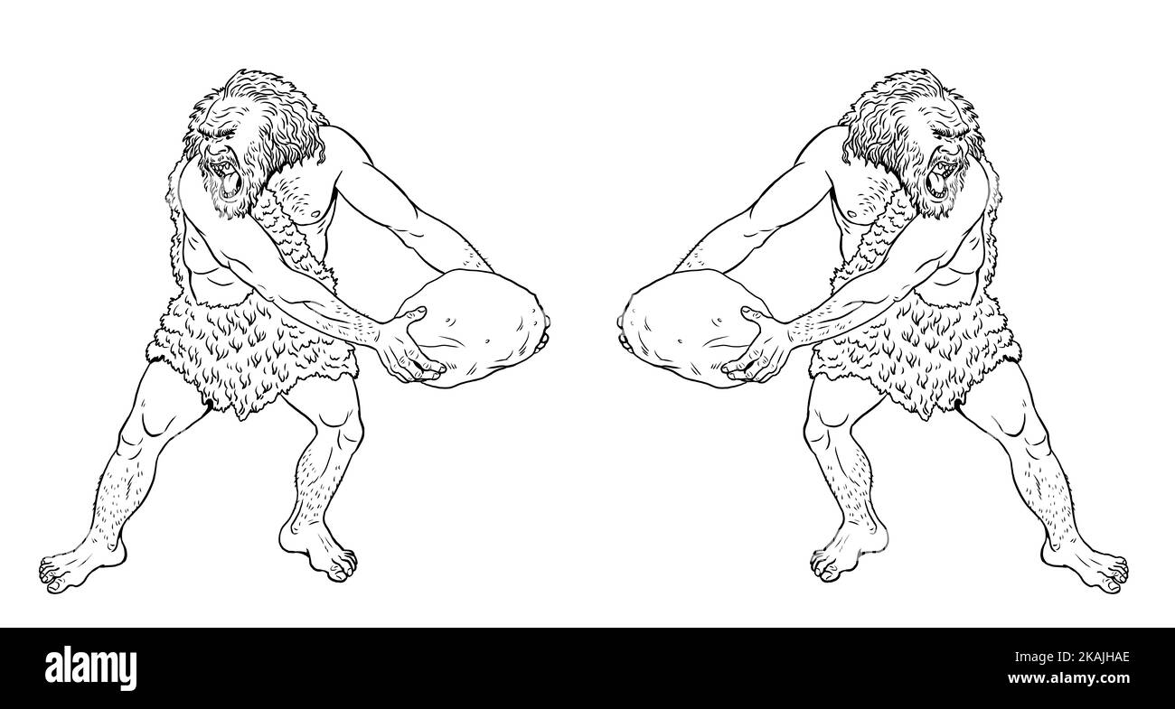 Prähistorischer Mensch - Neandertaler. Vorfahren der Menschen. Ausgestorbener Mensch aus der Eiszeit. Digitale Zeichnung für die Färbung. Stockfoto