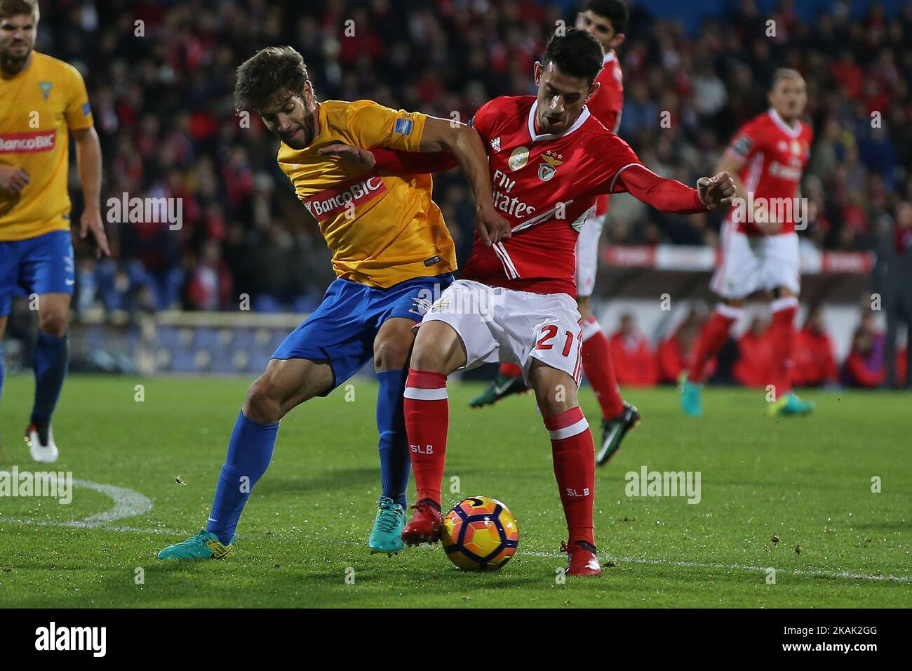 Estorils-Verteidiger Joel Ferreira aus Portugal (L) und Benficas-Mittelfeldspieler Pizzi aus Portugal (R) während des Premier League 2016/17-Spiels zwischen SL Benfica und Estoril Praia SAD am 17. Dezember 2016 im Estadio Antonio Coimbra da Mota in Estoril. (Foto von Bruno Barros / DPI / NurPhoto) *** Bitte nutzen Sie die Gutschrift aus dem Kreditfeld *** Stockfoto