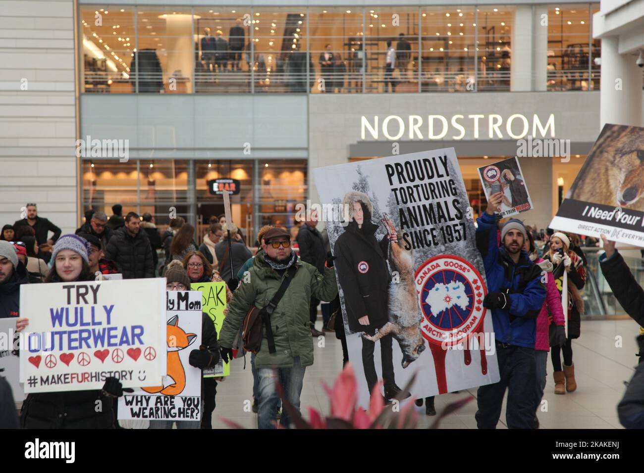 Mitglieder von People for the Ethical Treatment of Animals (PETA) und andere Tierrechtsaktivisten protestieren am 29. Januar 2017 im Toronto Eaton Centre in der Innenstadt von Toronto, Ontario, Kanada. Der Protest war gegen den Pelzhandel und die Verwendung von Pelz in Mode und hielt vor dem Canada Goose Store sowie mehreren Furrierern an und nahm den Protest schließlich im Toronto Eaton Center auf, bevor er von Polizei und Sicherheit eskortiert wurde. (Foto by Creative Touch Imaging Ltd./NurPhoto) *** Bitte nutzen Sie die Gutschrift aus dem Kreditfeld *** Stockfoto