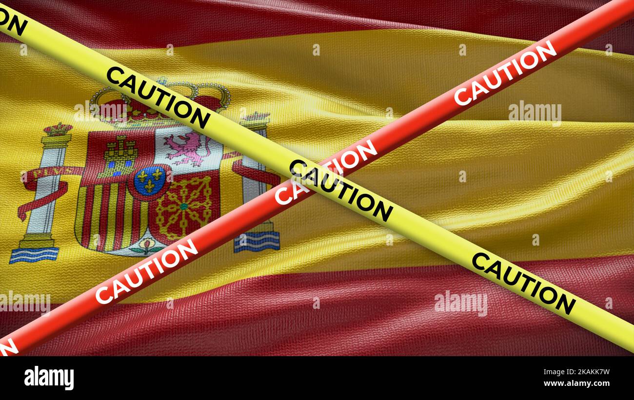 Spanische Landesflagge mit gelbem Klebeband. Ausgabe in den Ländernachrichten. 3D Abbildung. Stockfoto
