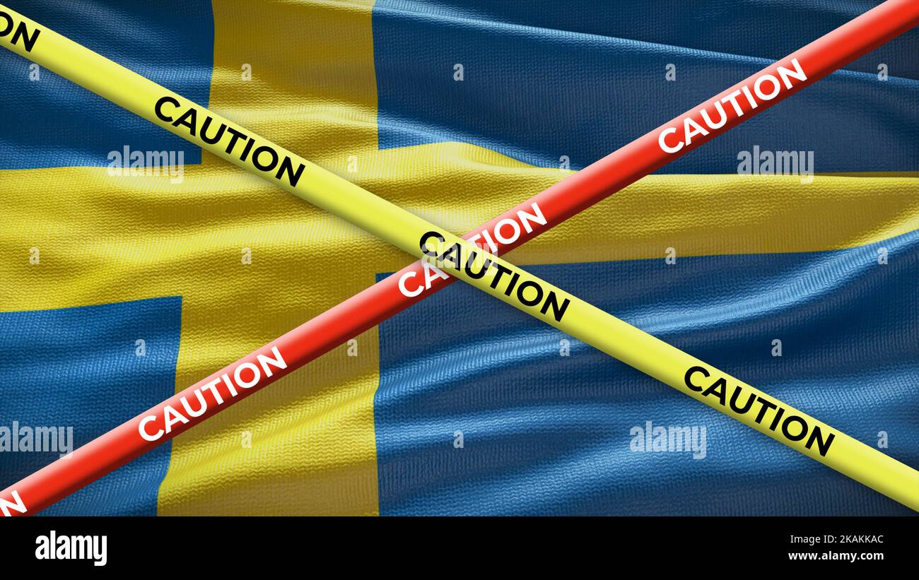 Schwedische Landesflagge mit gelbem Klebeband. Ausgabe in den Ländernachrichten. 3D Abbildung. Stockfoto