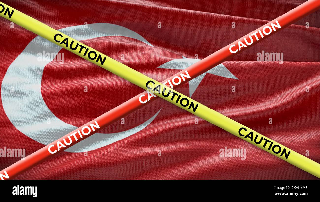 Türkische Nationalflagge mit gelbem Klebeband. Ausgabe in den Ländernachrichten. 3D Abbildung. Stockfoto