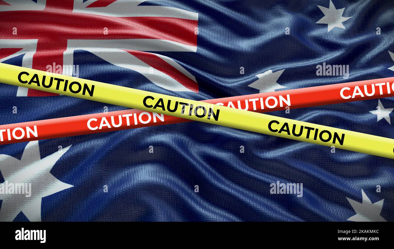 Nationalflagge des Landes Australien mit gelbem Klebeband. Ausgabe in den Ländernachrichten. 3D Abbildung. Stockfoto