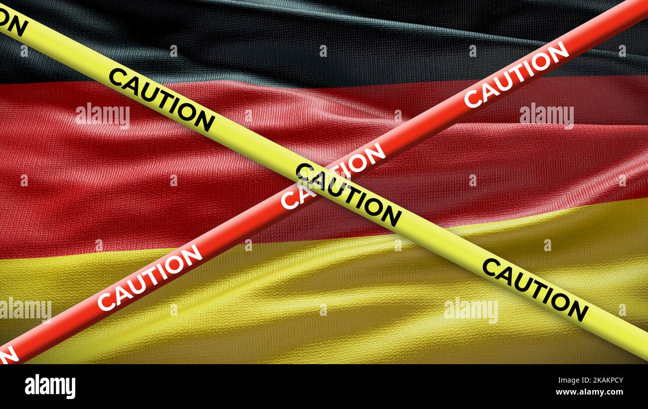 Nationalflagge des Landes Deutschland mit gelbem Klebeband. Ausgabe in den Ländernachrichten. 3D Abbildung. Stockfoto
