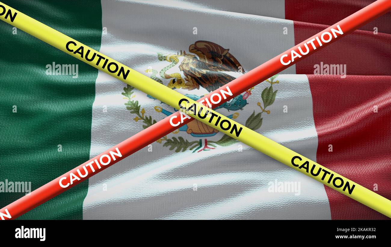 Nationalflagge des Landes Mexiko mit gelbem Klebeband. Ausgabe in den Ländernachrichten. 3D Abbildung. Stockfoto